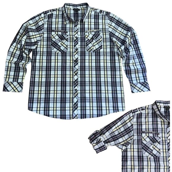 Smoke Rise Men Plaid Button Up Roll Up Long Sleeves Shirt Size 3XL 100% Cotton - Picture 2 of 16